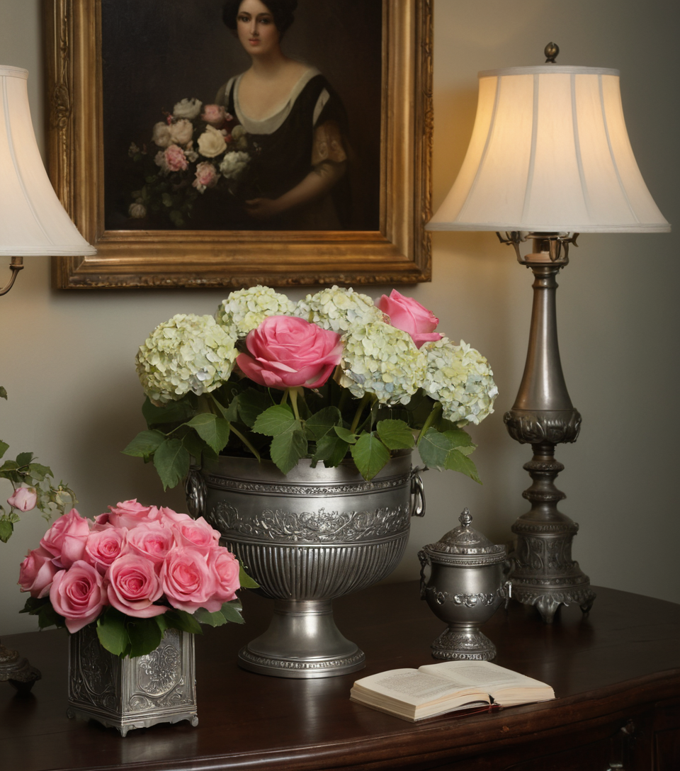 elegant rose arrangement, hydrangea elegance, vintage urn decor, timeless floral design, luxury bouquet inspiration
