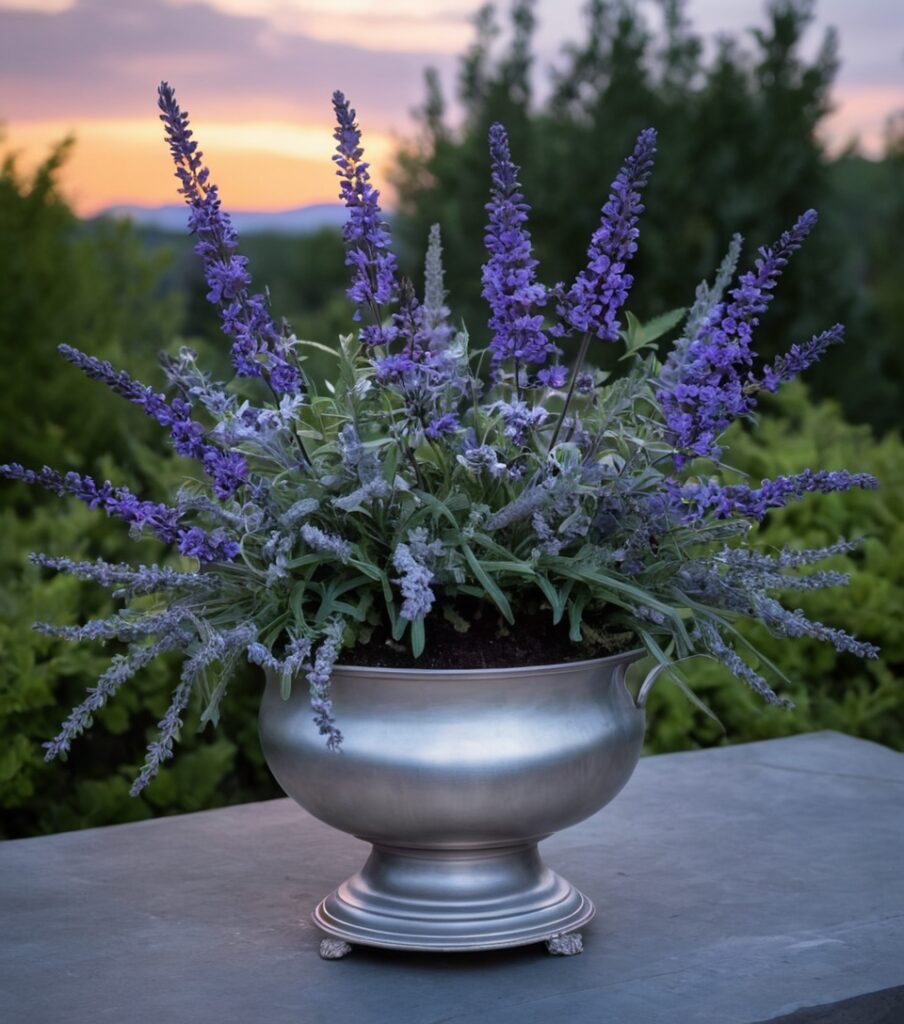 lavender delivery service, twilight garden photography, serene floral arrangements, aromatic bouquets, elegant planter decor