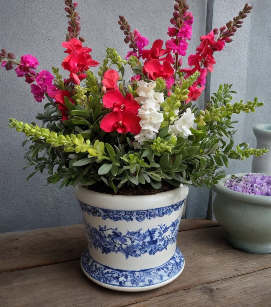 Snapdragon centerpieces, porcelain planters, vibrant flower arrangements, garden photography, floral home decor