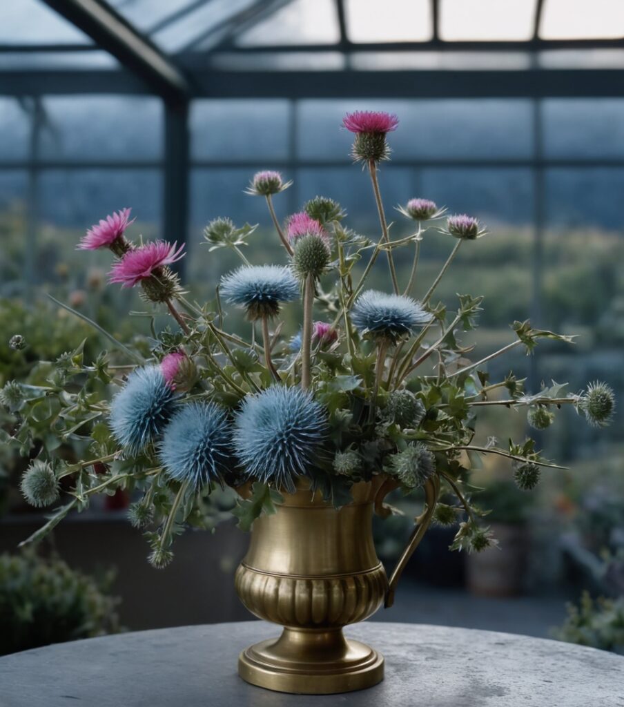 daily flower delivery, rustic flower arrangements, greenhouse photography, thistle flower beauty, antique vase decor