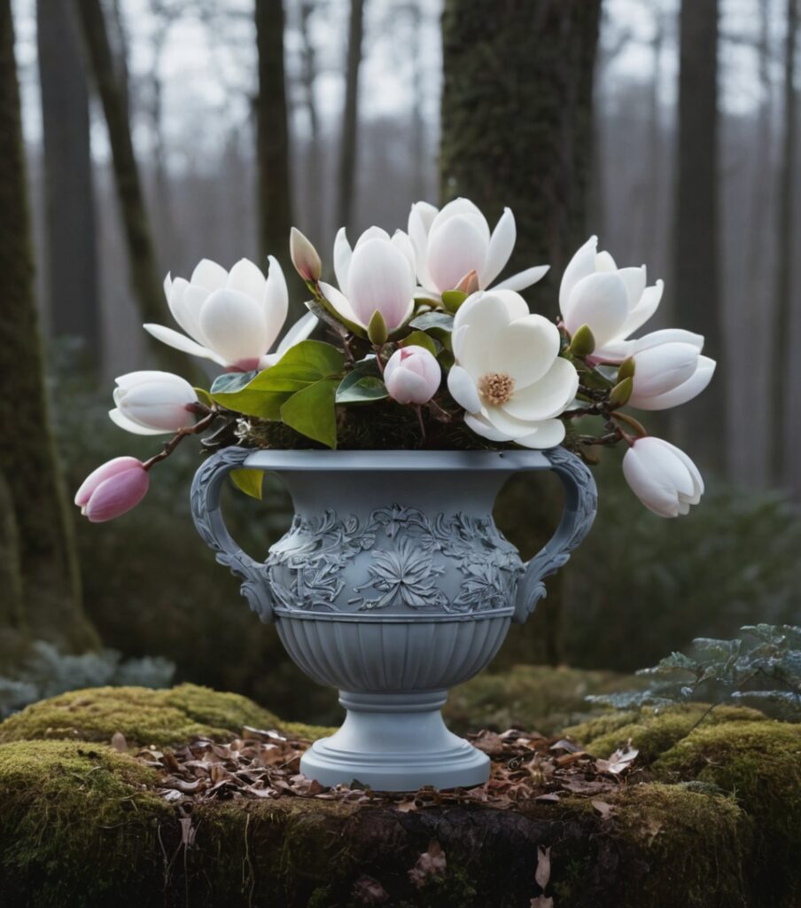 Magnolia flower delivery, woodland garden decor, serene home ambiance, magnolia centerpiece, elegant flower arrangement